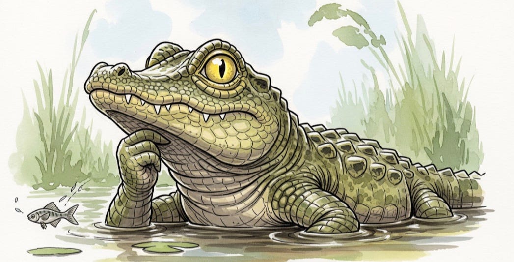 Baby gator who is curious thinking.