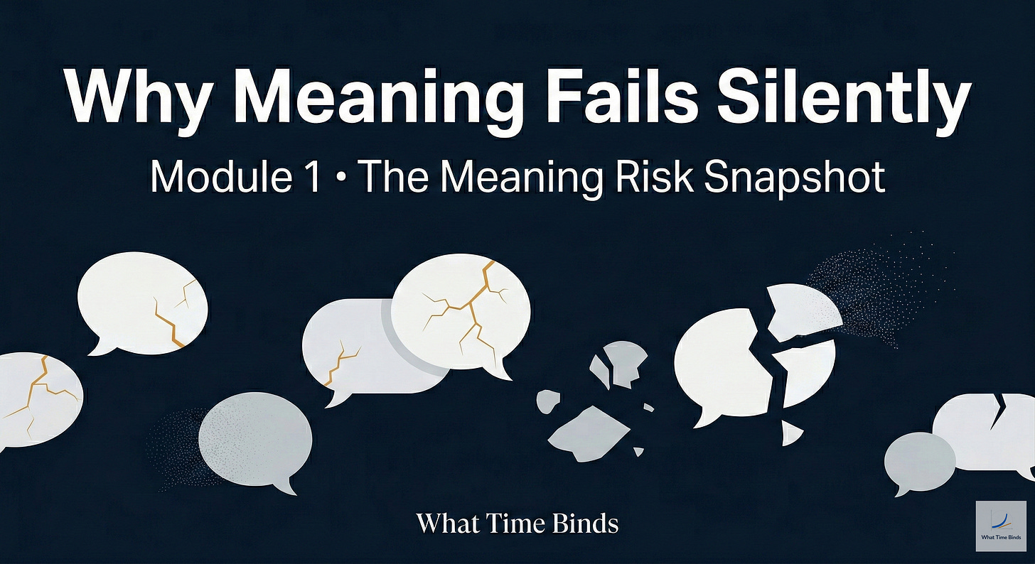 Fragmented speech bubbles on a dark navy background representing invisible communication breakdowns — cover image for Why Meaning Fails Silently, Module 1 of Meaning Repair for High-Stakes Teams on What Time Binds. Fragmented speech bubbles on a dark navy background representing invisible communication breakdowns — cover image for Why Meaning Fails Silently, Module 1 of Meaning Repair for High-Stakes Teams on What Time Binds.