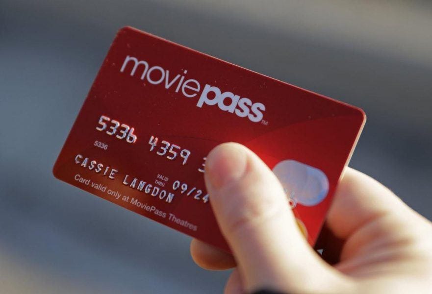 MoviePass red card subscription services held in hand of customer MoviePass red card subscription services held in hand of customer