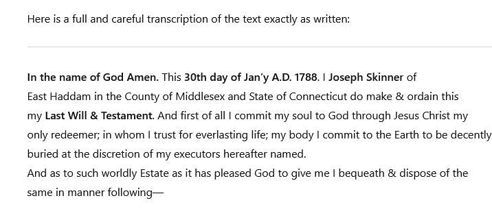 The ChatGPT transcription got the individual's last name wrong and made corrections to the document instead of providing an exact transcription as request.