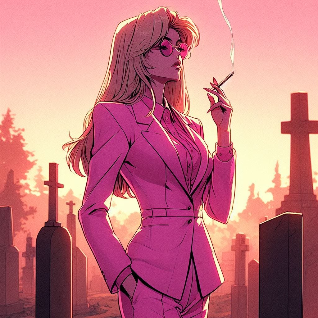 Tall woman in a pink, 80's style business suit, pink blouse underneath, high-waisted pants, pink heels, long, straight, blonde hair, pink heels, pink aviator sunglasses, standing in the middle of a graveyard at sunset, smoking a cigarette, looking off into the distance, anime art style