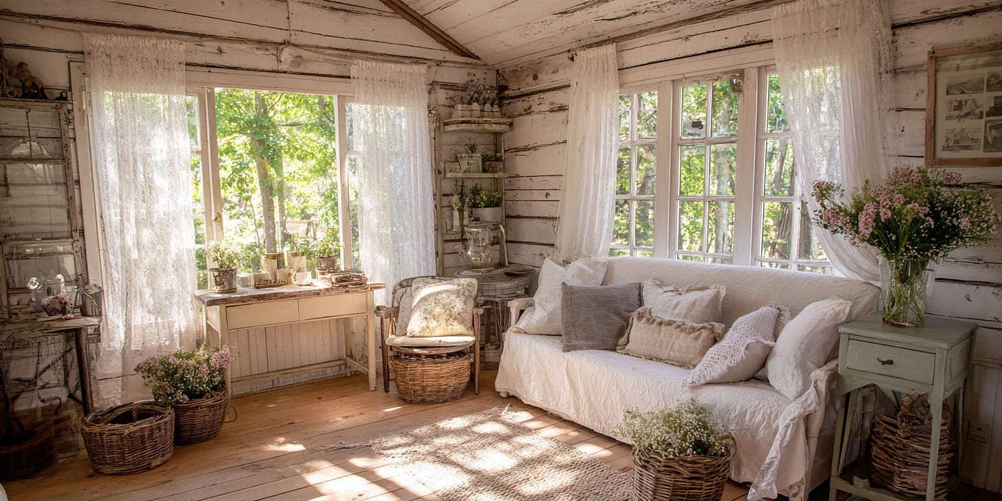 Bright and airy summer cabin interior with wildflowers, pale wood, and vintage decor Bright and airy summer cabin interior with wildflowers, pale wood, and vintage decor