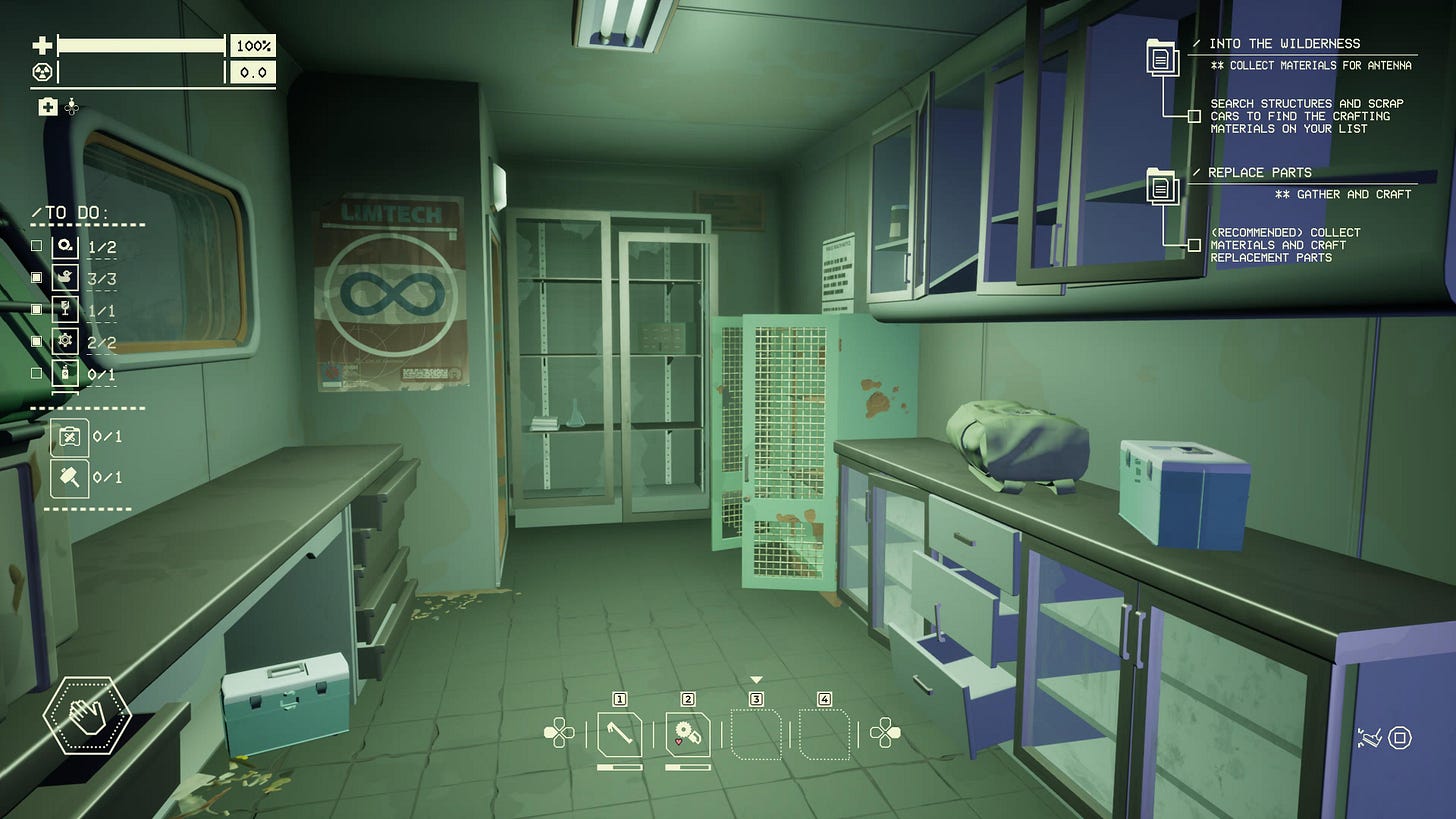 Interior of a trailer, with shelves, backpacks, toolboxes