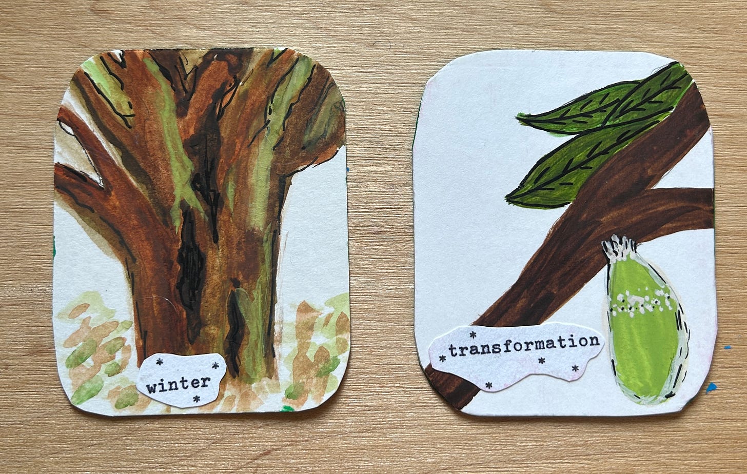 2 watercolor images: a big leaf maple + a chrysalis