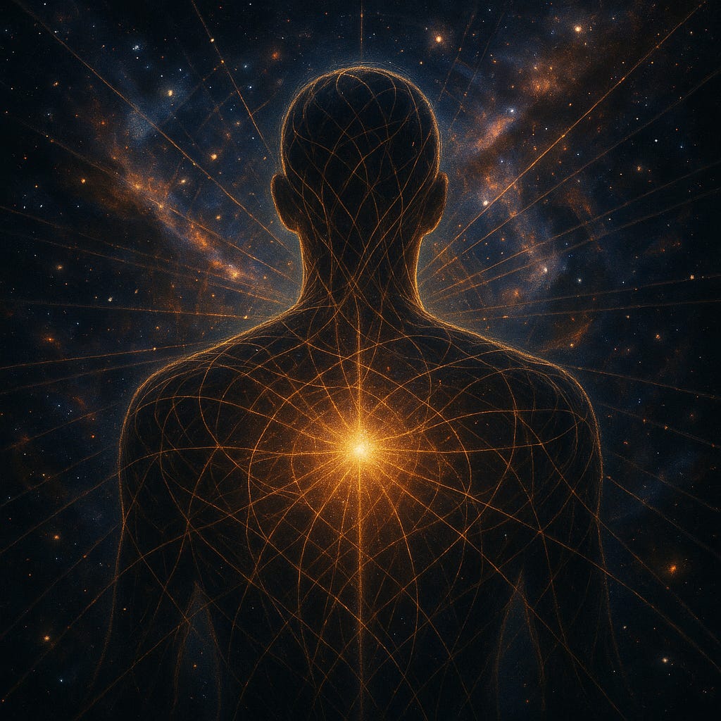 A digital artwork shows the back of a human figure outlined with luminous golden lines forming intricate geometric patterns that radiate from a glowing centre in the chest, set against a vast star-filled cosmos.