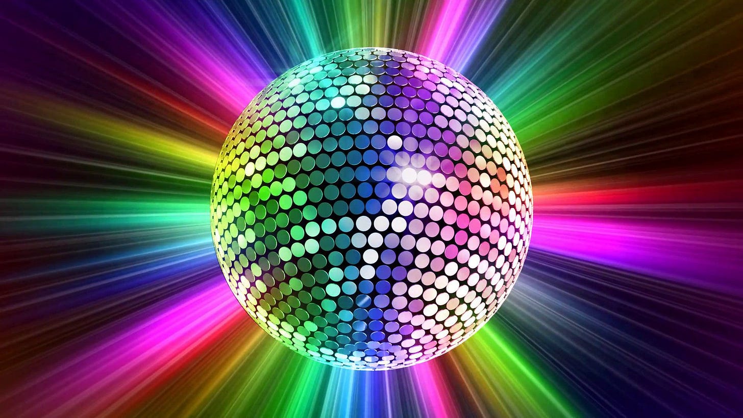 Digital art of a disco ball lit up rainbow