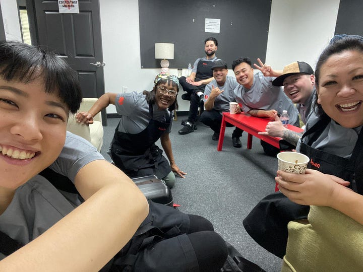 Two photos showing the early moments of the competition: contestants sitting together in a waiting room and later lined up on the set, ready to meet the judges.