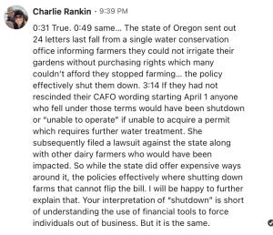Charlie Rankin’s April 12, 2024 LinkedIn response discussing the 24 water-use letters, practical farm shutdowns and the approaching dairy CAFO enforcement date. Charlie Rankin’s April 12, 2024 LinkedIn response discussing the 24 water-use letters, practical farm shutdowns and the approaching dairy CAFO enforcement date.