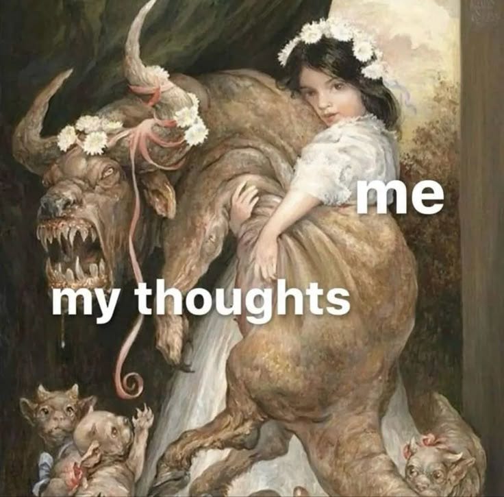 This may contain: a painting with the words me my thoughts written in white and an image of a woman surrounded by cats