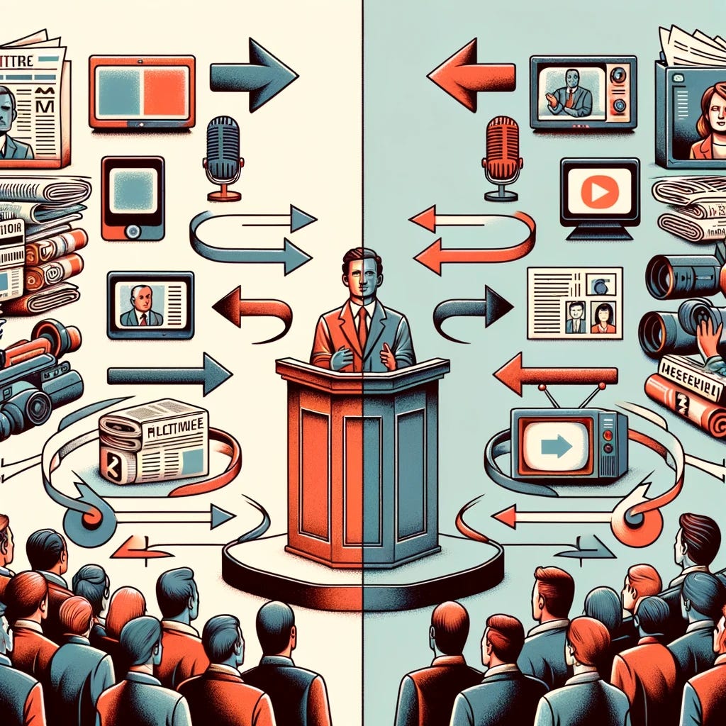 A detailed illustration depicting the relationship between politics and media, showing how they influence each other. On the left side, show a politician speaking at a podium with a crowd of people and microphones from different news outlets. On the right side, depict various media elements like newspapers, TV screens, social media icons, and journalists. Arrows should go back and forth between the politician and the media, symbolizing mutual influence. Use a balanced color palette to convey neutrality and a serious tone.