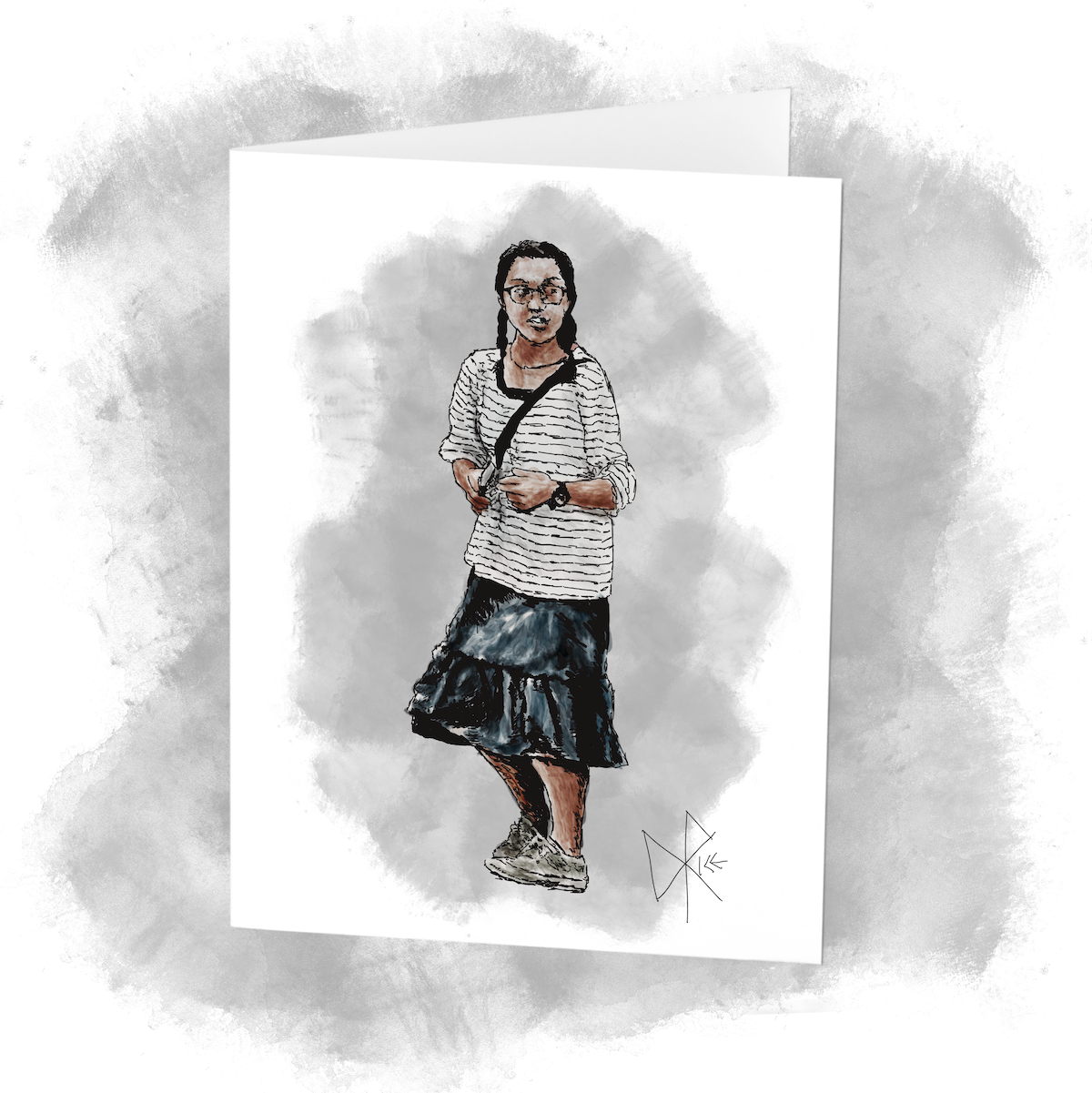 A girl with glasses and her hair in pigtails waiting at a bus stop. Sketch art by Don Rice.