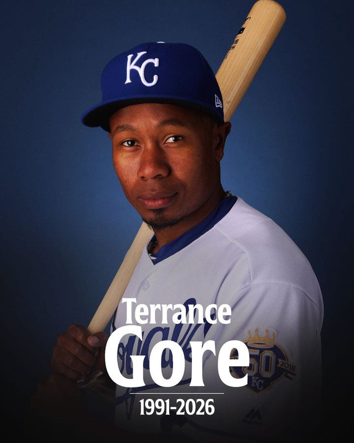 Terrance Gore
1991-2026
Pictured: Gore poses in a Kansas City Royals uniform holding a baseball bat