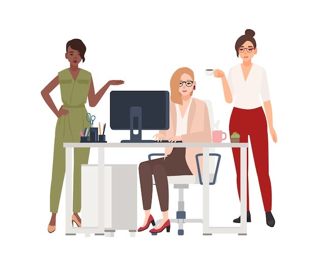 Vector group of female employees or managers at office - working on computer, drinking coffee, discussing work issues