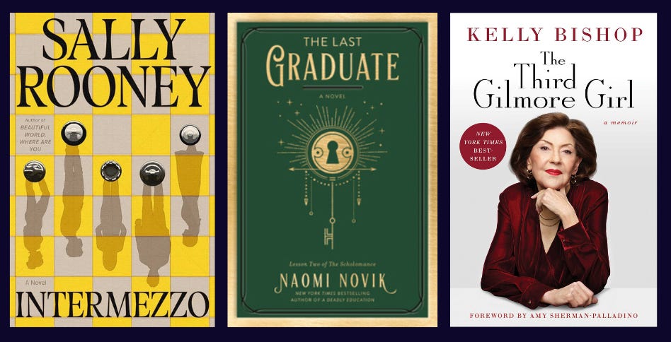Graphic of book covers. From left to right: intermezzo, the last graduate, the third Gilmore girl Graphic of book covers. From left to right: intermezzo, the last graduate, the third Gilmore girl