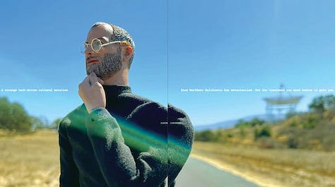 Three 2-page spreads from In Formation #1. One shows the table of contents, a second shows a roadside-stand style statue of Steve Job, a third shows an integrated circuit with a ghost in it for the story "Silicon Golem".