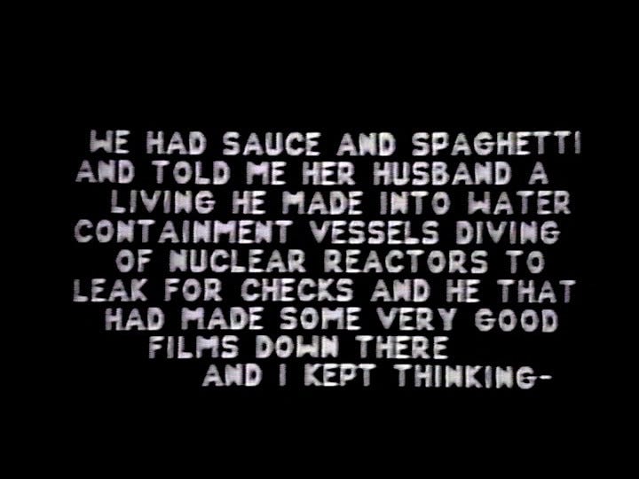 text on screen is read aloud by a computerized voice; the text is partially out of order:

"We had sauce and spaghetti and told me her husband a living he made into water containment vessels diving of nuclear reactors to leak for checks and he that had made some very good films down there and I kept thinking--"