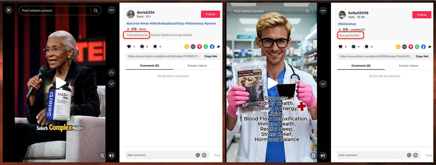two TikTok spam videos hawking dietary supplements two TikTok spam videos hawking dietary supplements