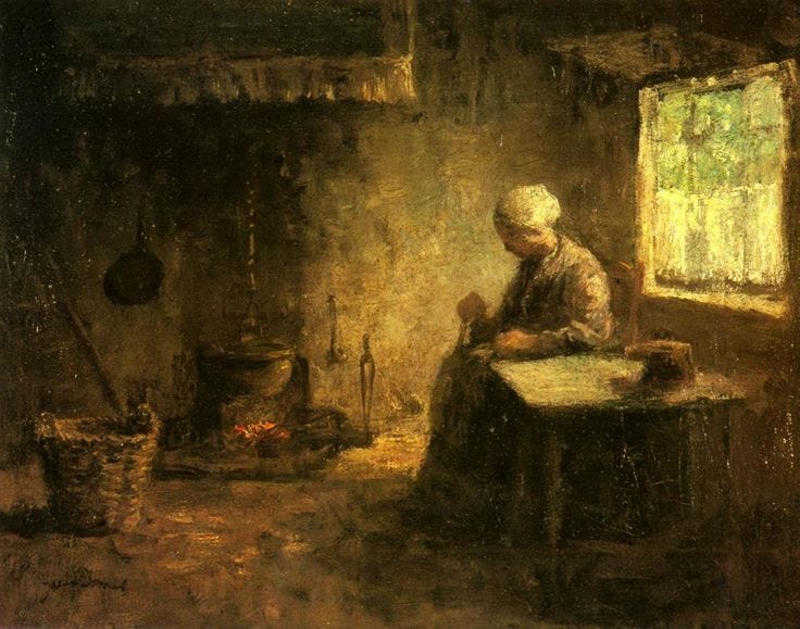 This may contain: a painting of a woman sitting at a table in front of a window and sewing