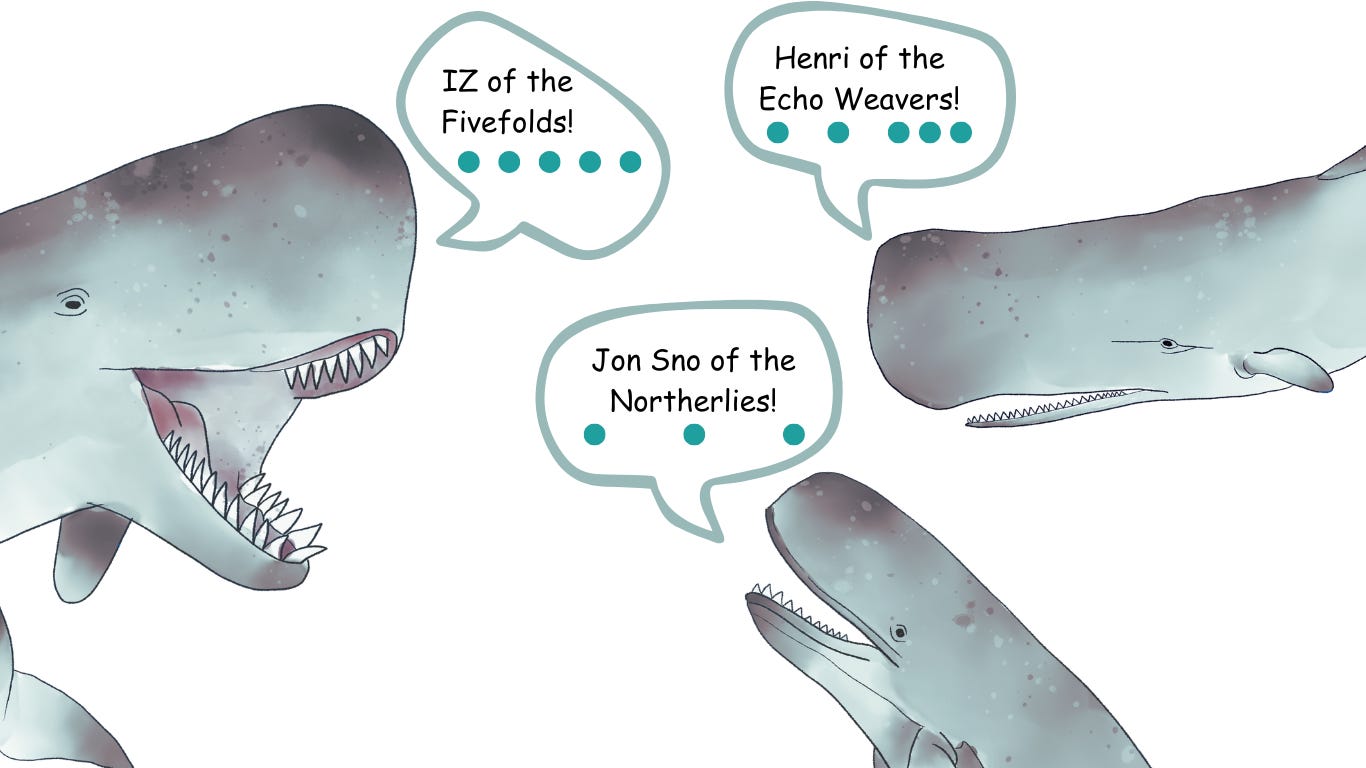 Illustrated sperm whales with speech bubbles showing names and rhythmic dot patterns, representing how whales use codas to identify clans — a direct parallel to the rhythm-based language in worldbuilding. Illustrated sperm whales with speech bubbles showing names and rhythmic dot patterns, representing how whales use codas to identify clans — a direct parallel to the rhythm-based language in worldbuilding.