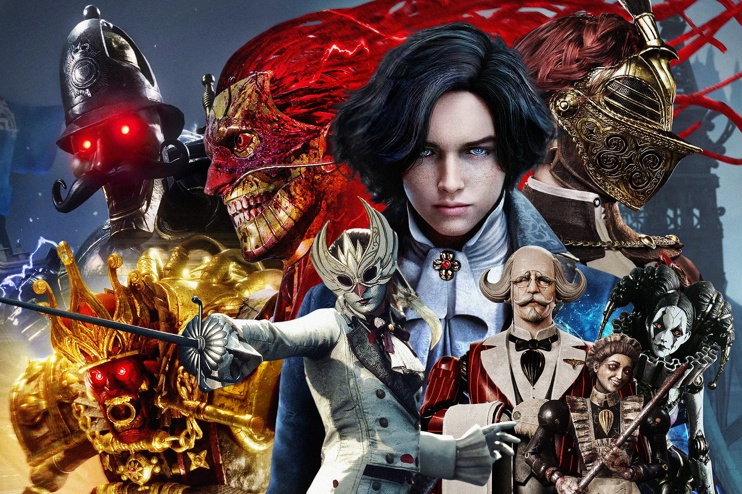 Brightly colored collage of characters from the Lies of P video game, featuring industrial, menacing puppets with red eyes; a masked character in white brandishing a sword; and a finely dressed young man with bright, intent blue eyes.