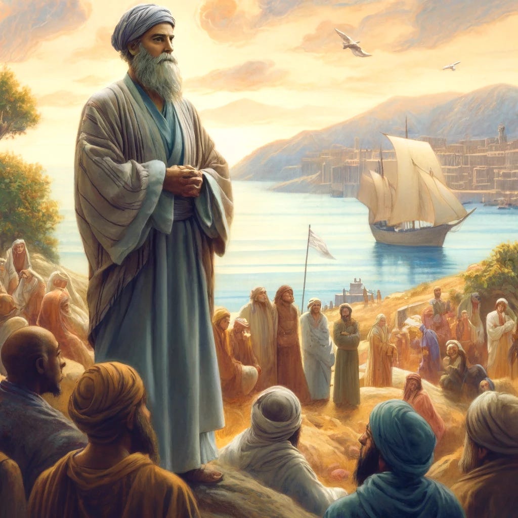 the image inspired by "The Prophet" by Kahlil Gibran. It depicts the wise figure of Almustafa, standing on a hill overlooking the sea, surrounded by a diverse group of citizens from Orphalese who listen to his teachings. The tranquil setting and soft colors convey the spiritual and philosophical nature of the book. the image inspired by "The Prophet" by Kahlil Gibran. It depicts the wise figure of Almustafa, standing on a hill overlooking the sea, surrounded by a diverse group of citizens from Orphalese who listen to his teachings. The tranquil setting and soft colors convey the spiritual and philosophical nature of the book.
