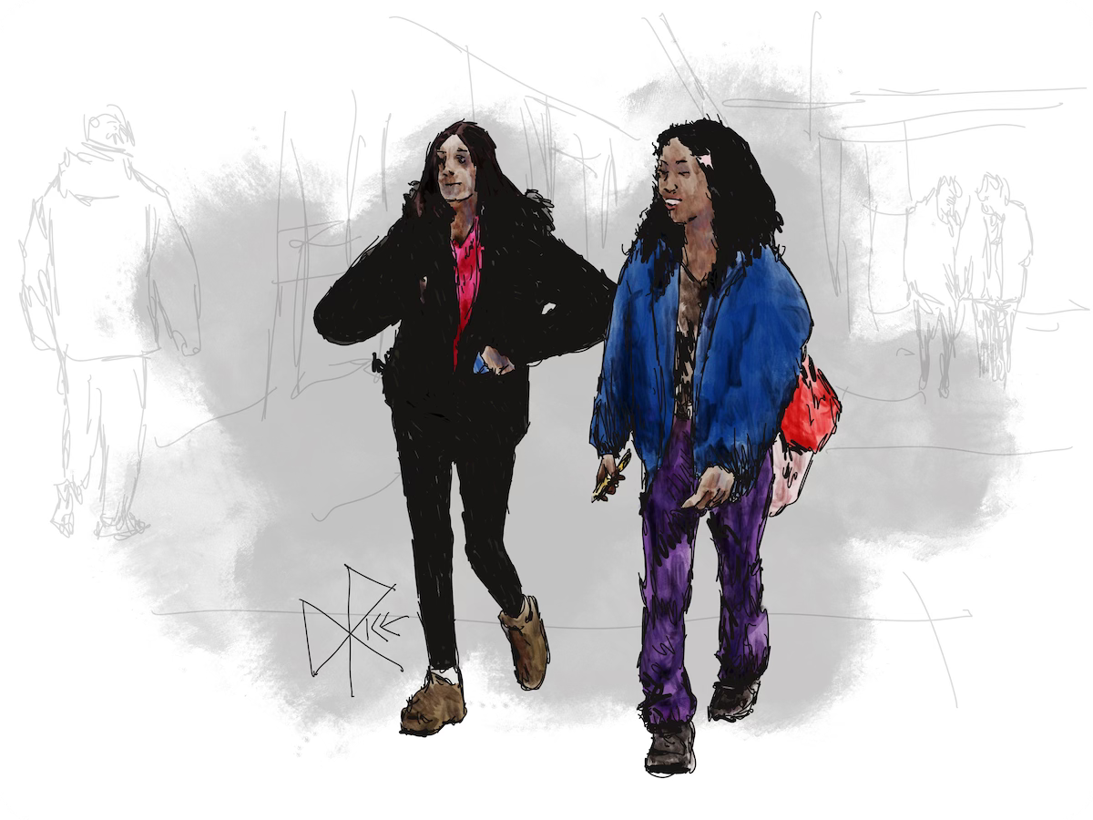 Two teens happily chat to each other while walking through a mall, as both reassuringly finger their online communication devices. Sketch art by Don Rice.