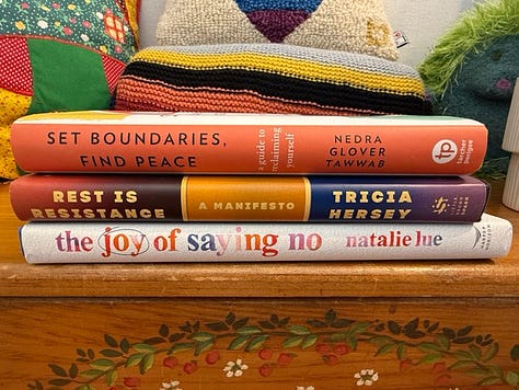 stacks of books on boundaries, equal partnership, parenting, adult learning, women's health, time management, leadership, self-discovery