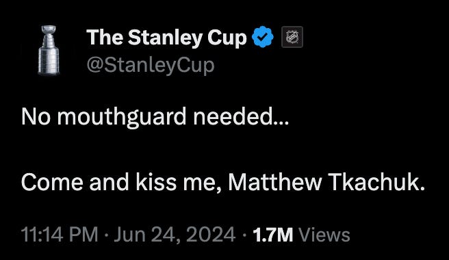 A tweet from The Stanley Cup which reads "No Mouthguard needed.... come and kiss me, Matthew Tkachuk." 