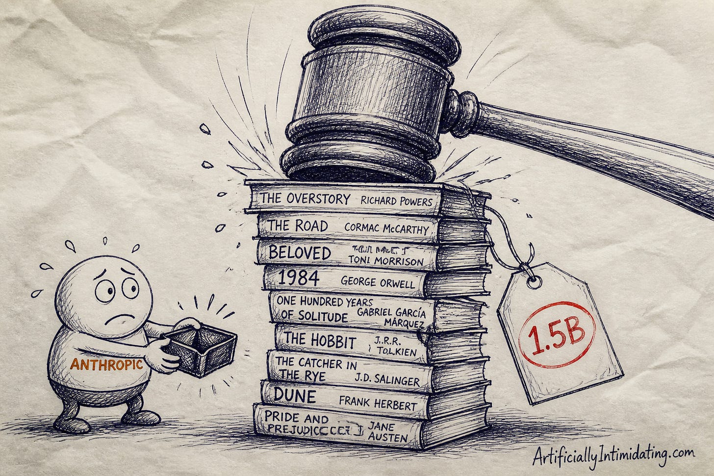 Sketch of a judge’s gavel coming down on a tall stack of famous novels, a red-circled 1.5B price tag hanging off it, a small Anthropic-labeled figure holding an empty wallet Sketch of a judge’s gavel coming down on a tall stack of famous novels, a red-circled 1.5B price tag hanging off it, a small Anthropic-labeled figure holding an empty wallet