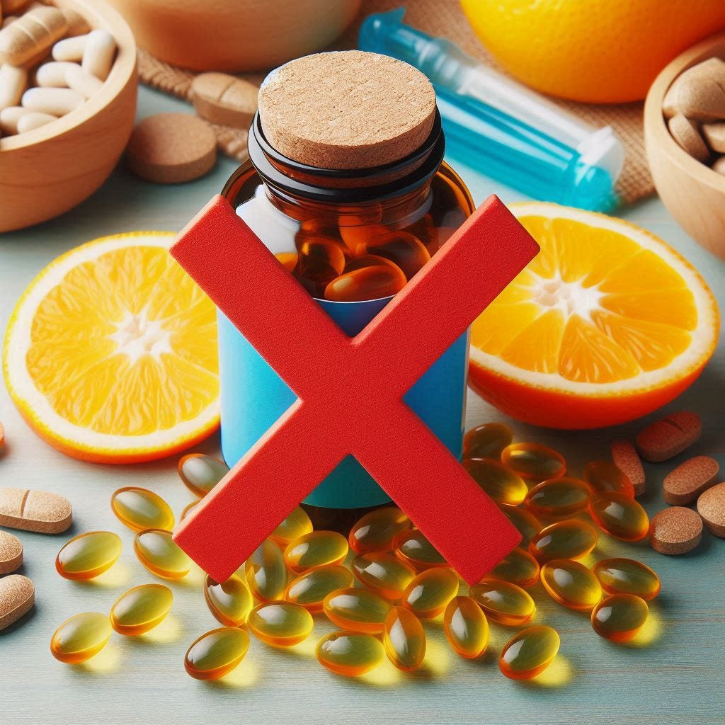 a big red X over a bottle of vitamin D capsules