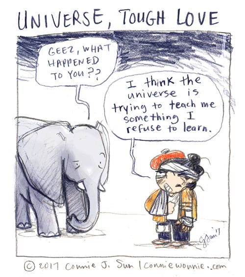 Cartoon of a girl who keeps getting hurt, talking to an elephant and wondering why she keeps making the same mistakes. Titled "Universe, Tough Love," by Connie Sun, cartoonconnie, 2017