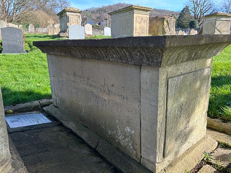 Photos of the tombs of Ann Nelson and Elizabeth Matchum at St Switun's Church, Bathford.
