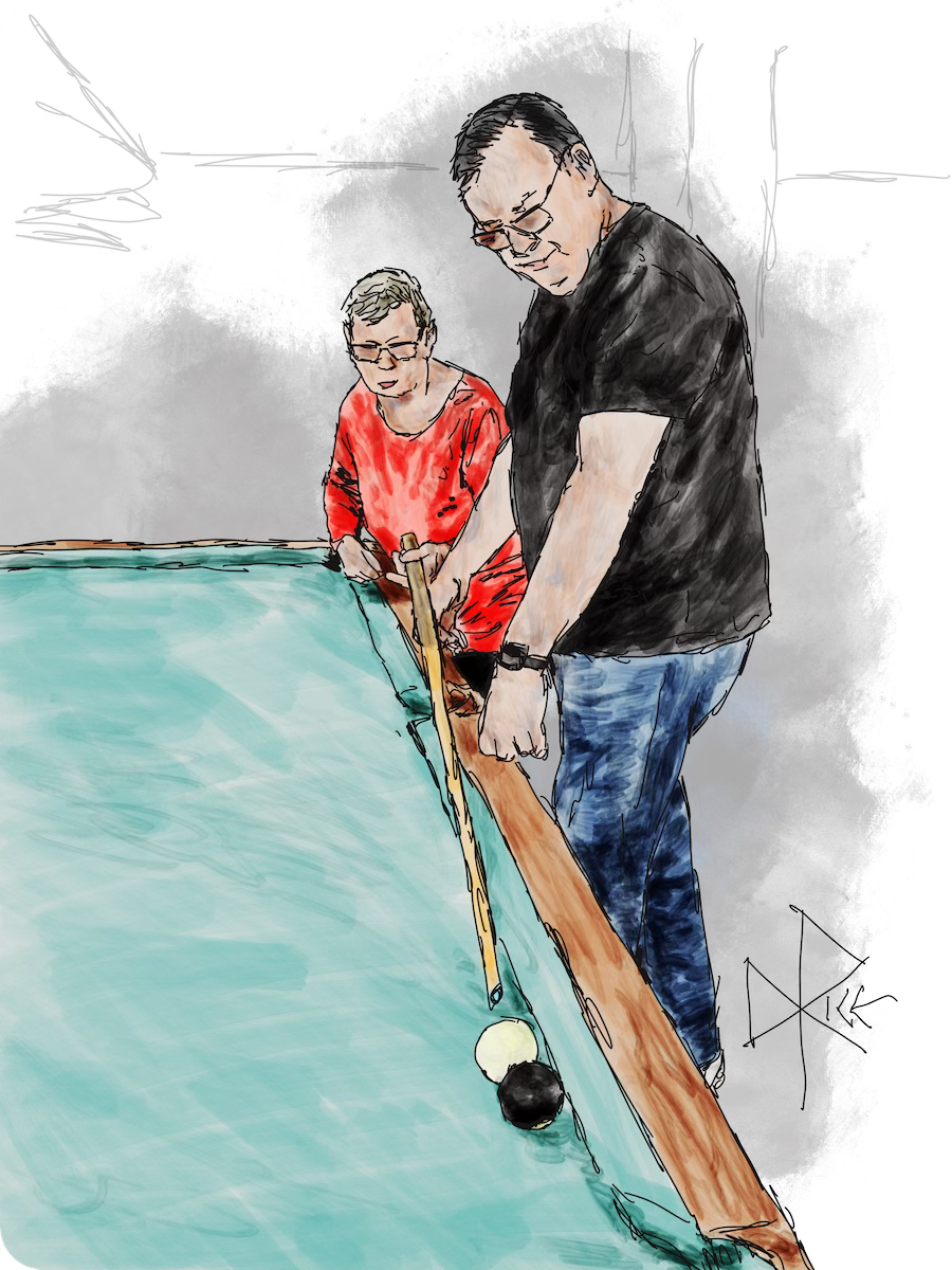 A man helps to steady a pool cue as a woman aims it at the cue ball, ready to sink the eight ball. Sketch art by Don Rice. A man helps to steady a pool cue as a woman aims it at the cue ball, ready to sink the eight ball. Sketch art by Don Rice.