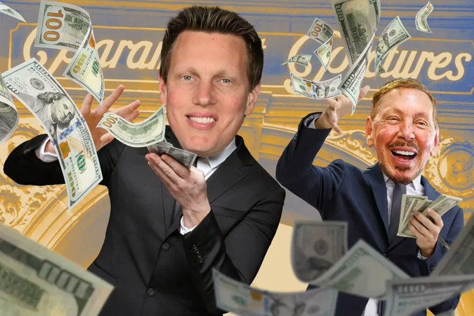 Composite image shows David Ellison on the left in a black suit smiling and holding stacks of US dollar bills with bills flying around and Larry Ellison on the right in a blue suit smiling and holding dollar bills against a golden background with the text Dollars Figures in large letters above them