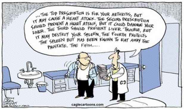 May be an image of text that says "… THE Top PRESCRIPTION IS FoR YoUR ARTHRITIS, BuT ITMAY IT MAY CAUSE A HEART ATTЖCK. THE SECOND PRESCRIPTION SHOULD THE THIRD SHOULD PREVENT LIVER TROUBLE BUT PREVENT A HEART ATTACK, BuT COULD DAMALE YOUR LIVER. IT MAY DESTROY YOUR SPLEEN. TH6 FOURTH PROTECTS THE SPLEEN BUT HAS BEEN KNOWN To FAT AWAY โ PROSTATE. THE FIFnH..... BAMTAN caglecartoons.com"