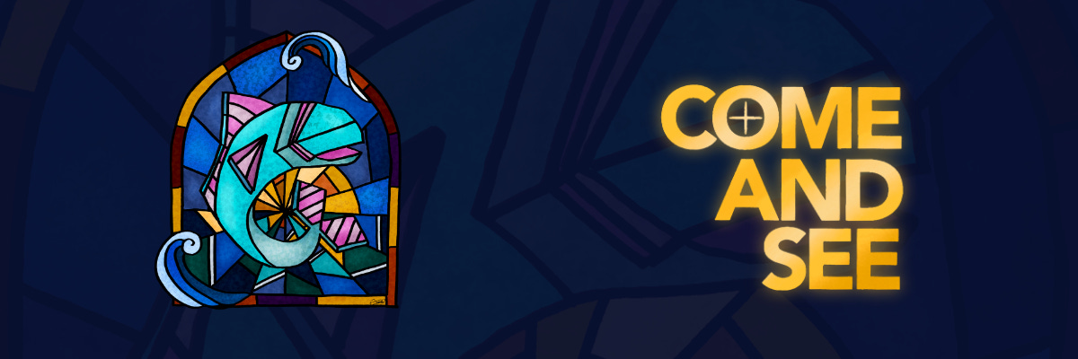 Illustrated stained glass window of a fish Illustrated stained glass window of a fish