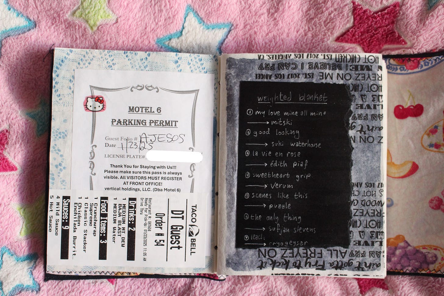 an art journal spread with a motel 6 parking permit, a taco bell receipt, and a playlist titled "Weighted Blanket"