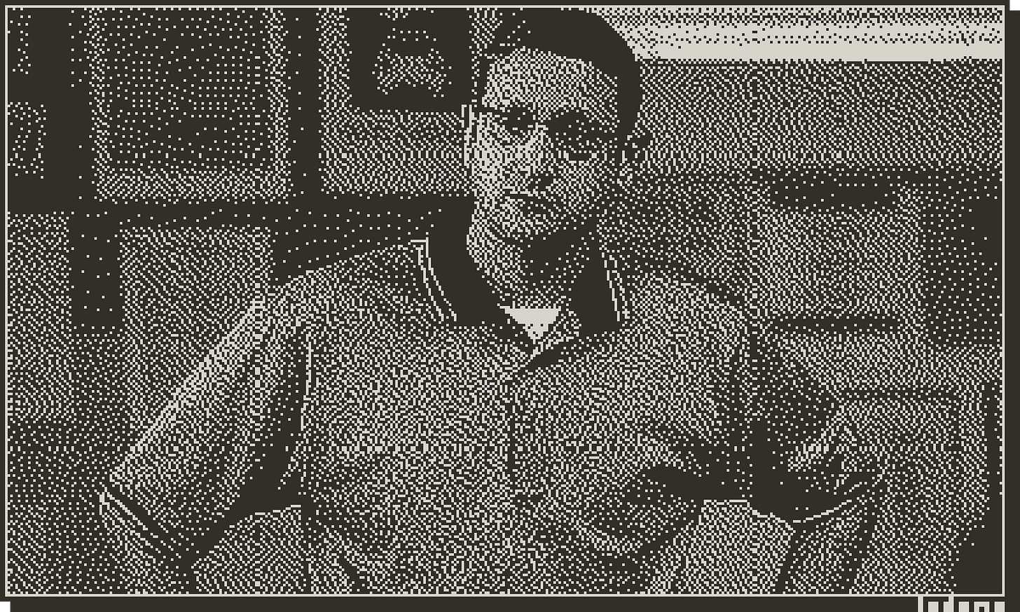 Tim Robinson from ITYSL's table sketch. Dithered 1-bit