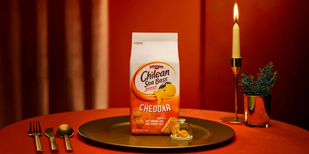 A bag of Goldfish labeled with "Chilean sea bass"