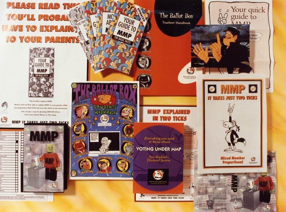 Publicity materials for New Zealand’s first MMP election.