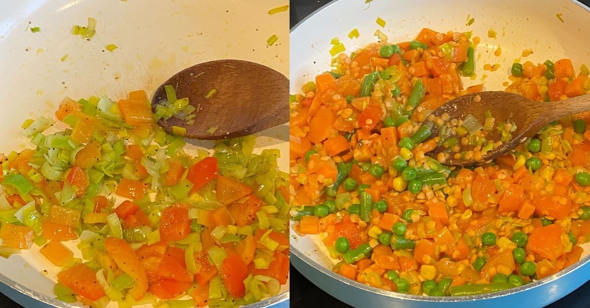 mixed vegetables frying in a large pan. Mixed vegetables in a frying pan.
