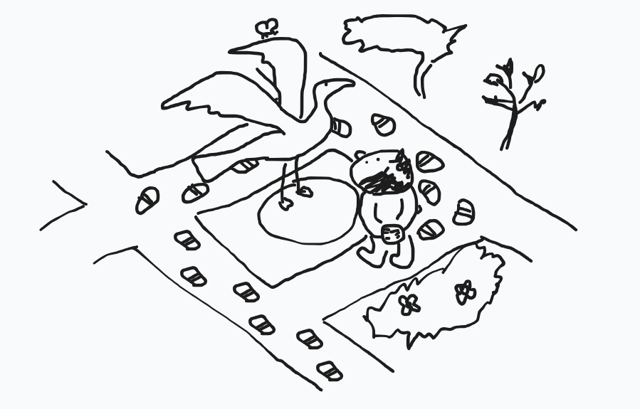 Crude hand-drawn sketch of a person in a bonsai garden looking up at a statue of a pelican taking flight. Crude hand-drawn sketch of a person in a bonsai garden looking up at a statue of a pelican taking flight.