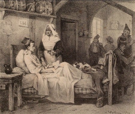 Patiente alitée dans un hospice du XVII° siècle Patiente alitée dans un hospice du XVII° siècle