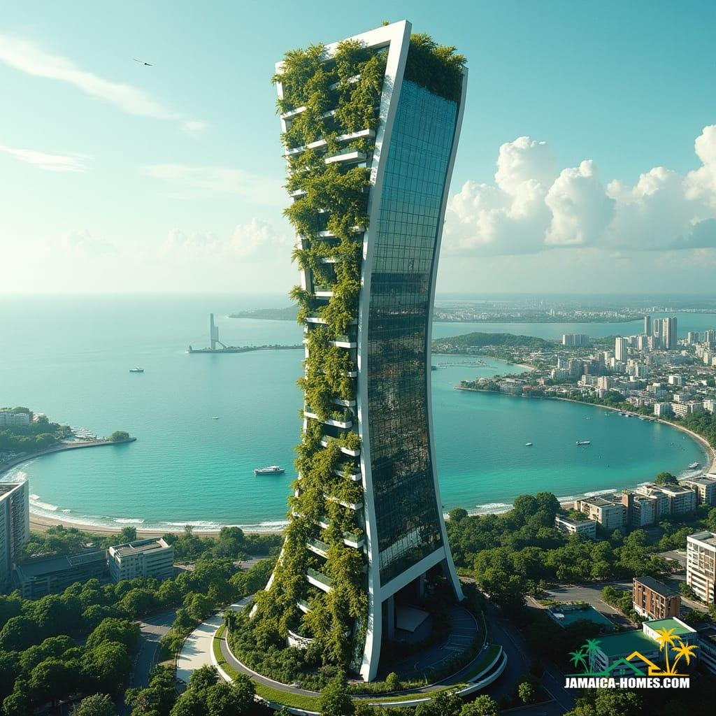 iconic skyscraper for downtown Kingston, Jamaica, that combines sleek, futuristic design with Jamaican cultural motifs.