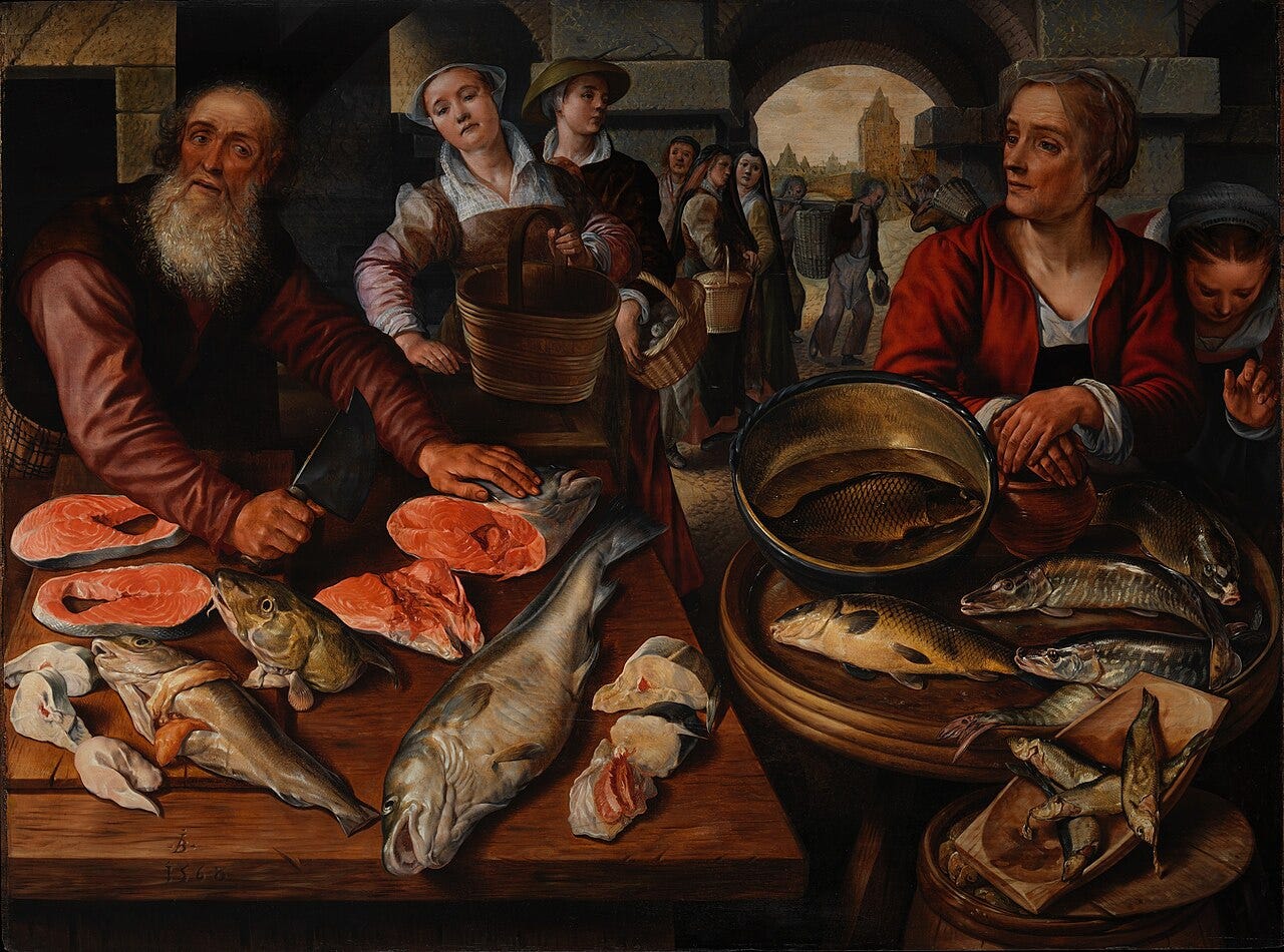 Fish Market by Joachim Beuckelaer: a fishmonger with a knife over a salmon, a market table of pike, cod and carp Fish Market by Joachim Beuckelaer: a fishmonger with a knife over a salmon, a market table of pike, cod and carp