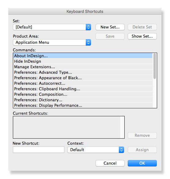 InDesign keyboard shortcuts dialog box.