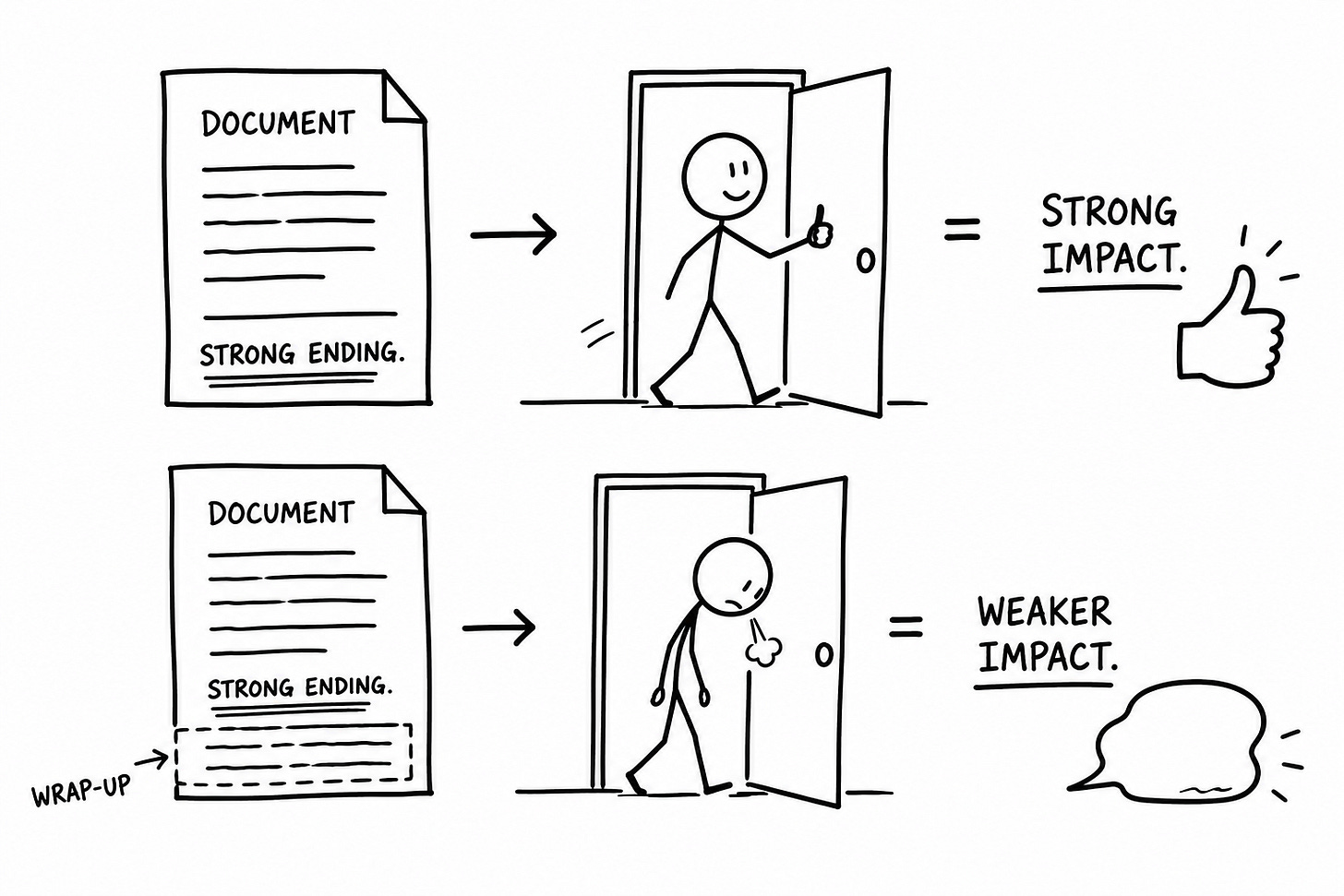 Two-panel hand-drawn diagram comparing document endings. Top panel: document with strong ending leads to confident reader exit and thumbs up labeled "Strong Impact." Bottom panel: same document with added wrap-up paragraph leads to deflated reader exit and fart cloud labeled "Weaker Impact." Illustrates how over-explained endings undermine writing. Keywords: writing tips, how to end a blog post, AI writing mistakes.