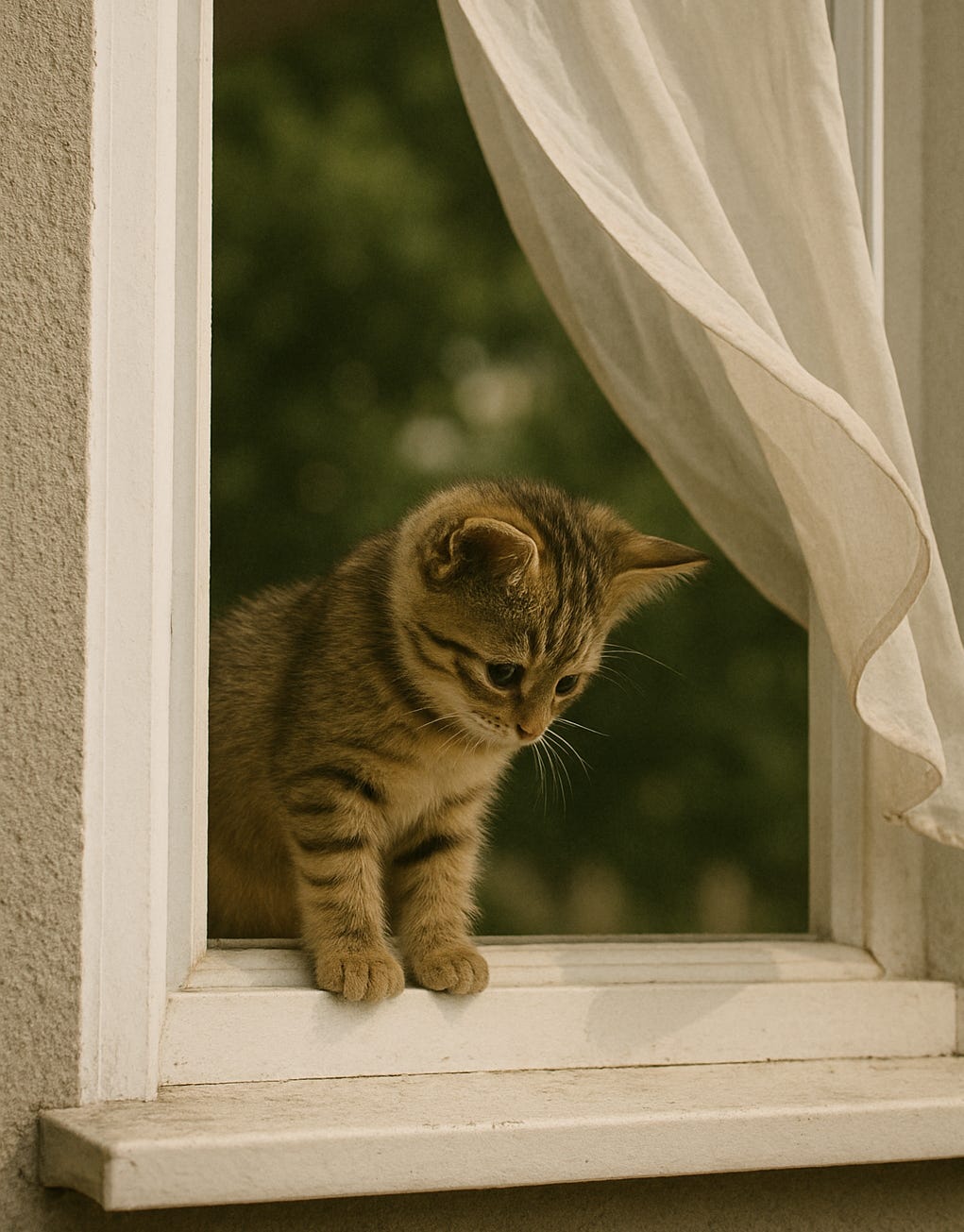 A small kitten on the edge of a windowsill, looking down — realizing that balance is borrowed.