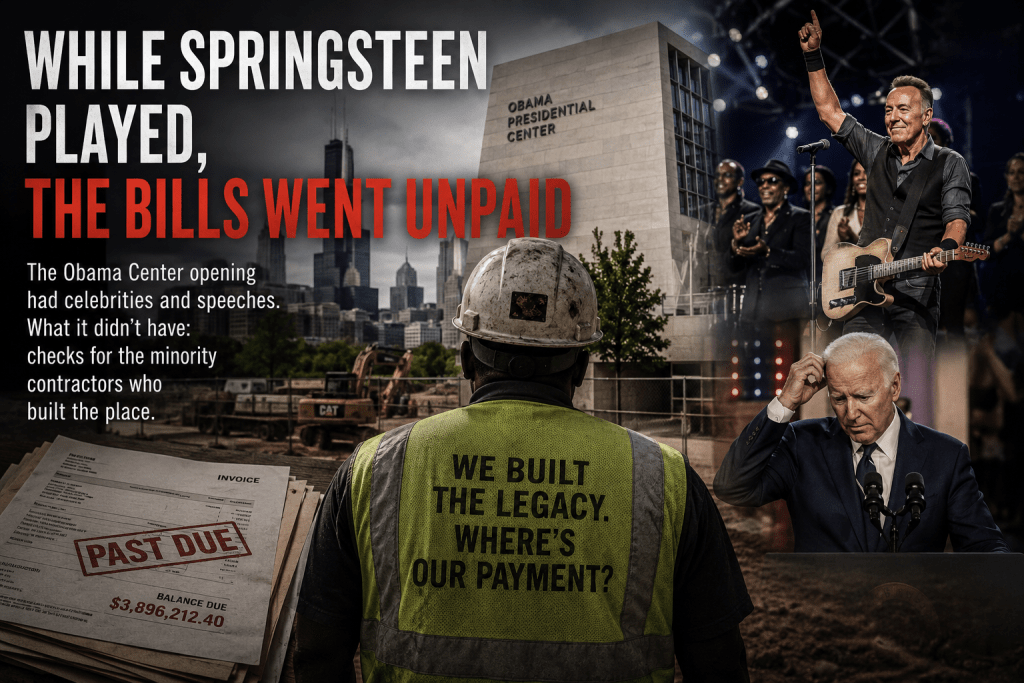 A graphic depicting the Obama Center opening event featuring Bruce Springsteen performing, alongside images of a construction worker in a safety vest and President Biden speaking, with text discussing unpaid bills for minority contractors. A graphic depicting the Obama Center opening event featuring Bruce Springsteen performing, alongside images of a construction worker in a safety vest and President Biden speaking, with text discussing unpaid bills for minority contractors.