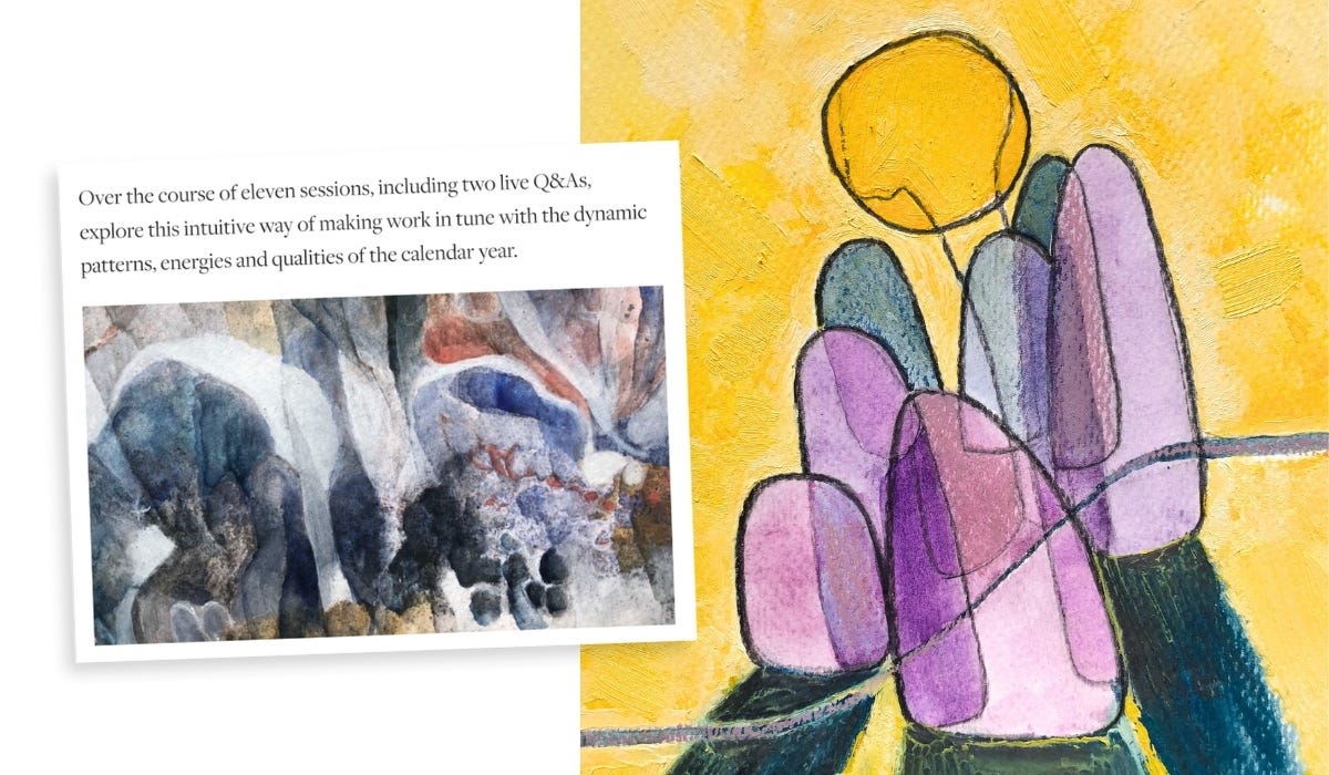 An abstract painting of colorful forms against a bright yellow background, paired with text about creative sessions exploring intuition and energy.